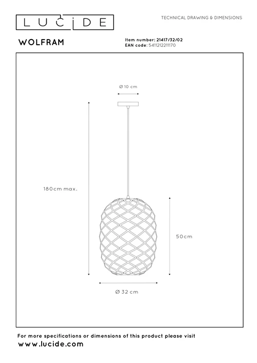Lucide WOLFRAM - Hanglamp - Ø 32 cm - 1xE27 - Mat Goud / Messing - technisch